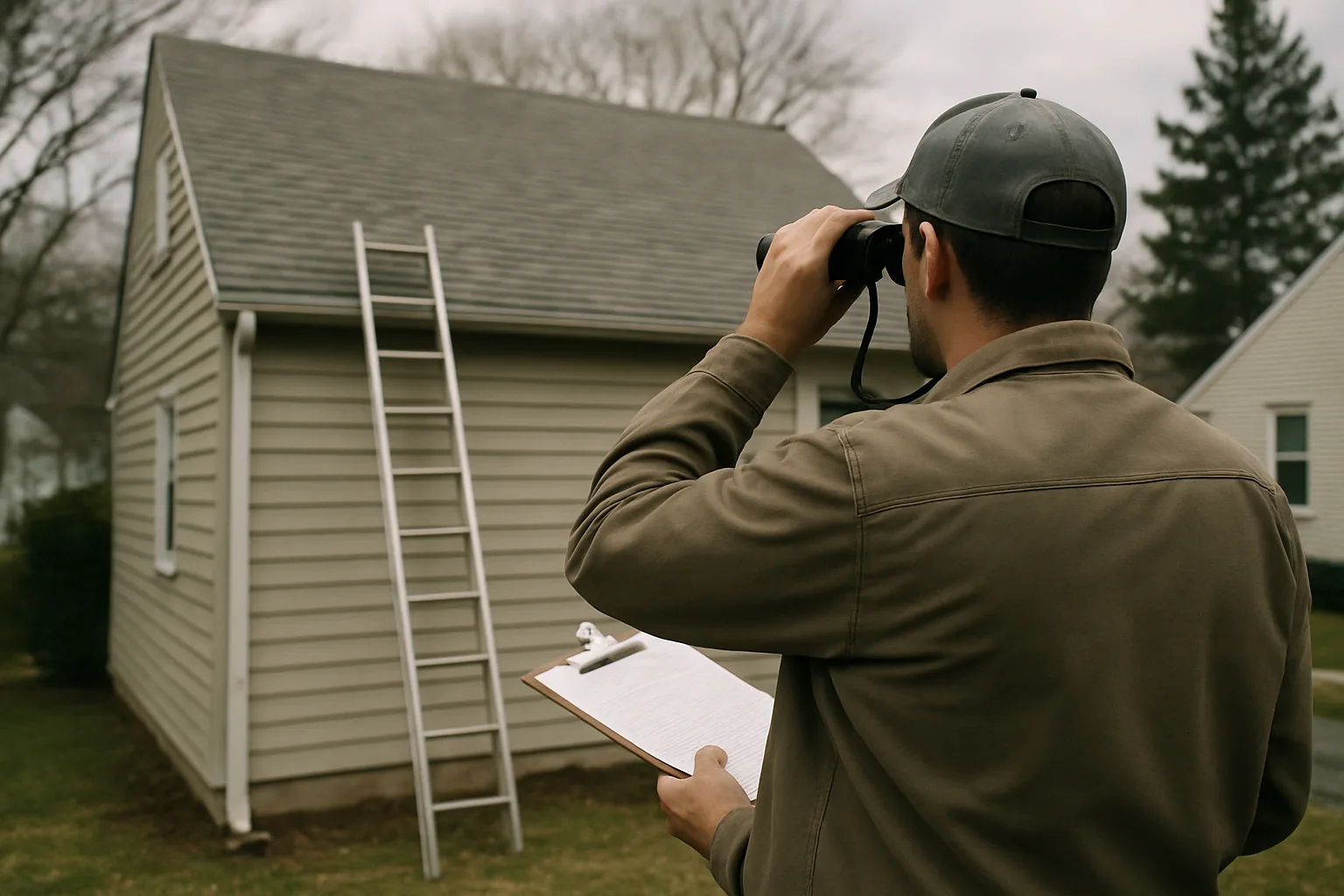 Roof inspector conducting exterior assessment